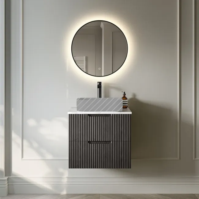 Crete Fluted Charcoal Elm Wall Hung Drawer Vanity with Marble Top 600mm - Excludes Counter Top Basin