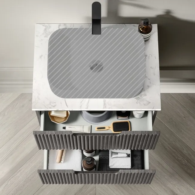 Crete Fluted Charcoal Elm Wall Hung Drawer Vanity with Marble Top 600mm - Excludes Counter Top Basin