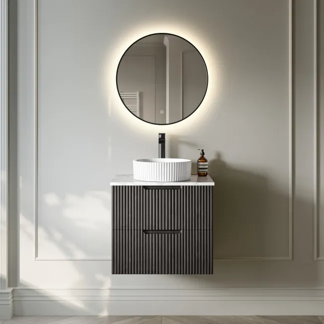 Crete Fluted Charcoal Elm Wall Hung Drawer Vanity with Marble Top & Nevis Basin 600mm