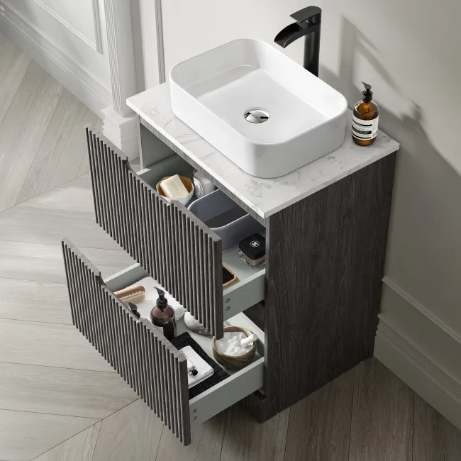 Crete Fluted Charcoal Elm Vanity Drawer with Marble Top & Marin Basin 600mm