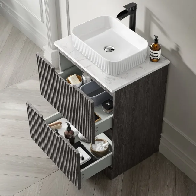 Crete Fluted Charcoal Elm Vanity Drawer with Marble Top & Reno Basin 600mm