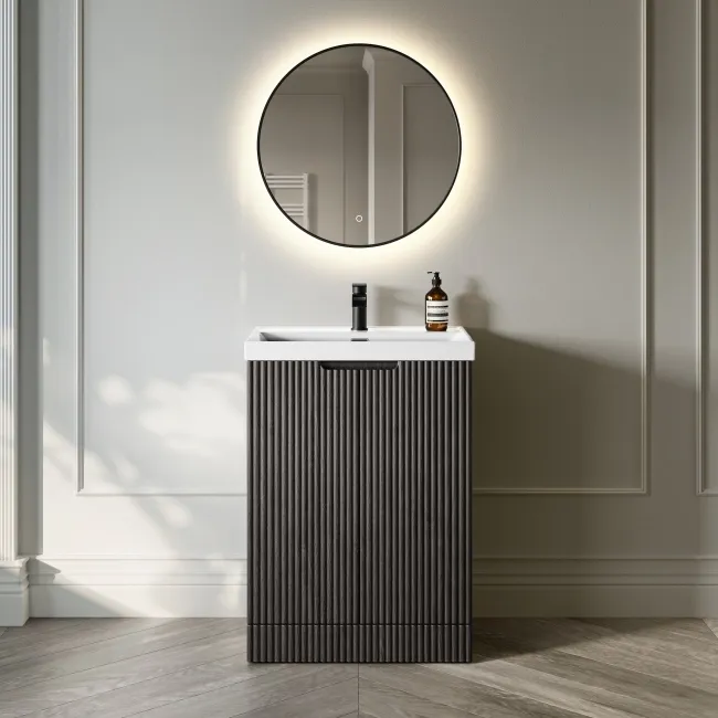Crete Fluted Charcoal Elm Basin Vanity 600mm