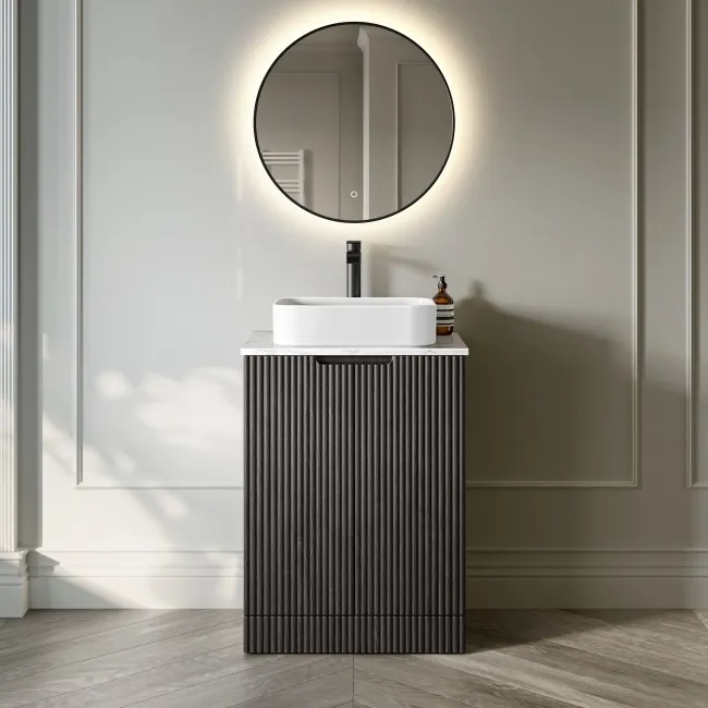 Crete Fluted Charcoal Elm Vanity with Marble Top & Marin Basin 600mm