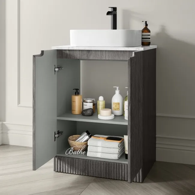 Crete Fluted Charcoal Elm Vanity with Marble Top & Marin Basin 600mm