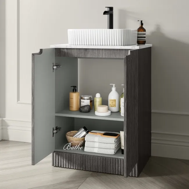 Crete Fluted Charcoal Elm Vanity with Marble Top & Reno Basin 600mm