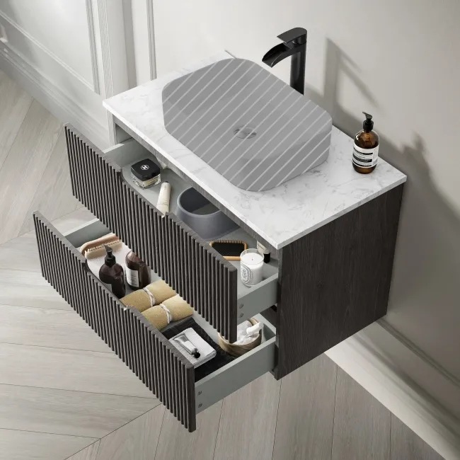 Crete Fluted Charcoal Elm Wall Hung Drawer Vanity with Marble Top 800mm - Excludes Counter Top Basin