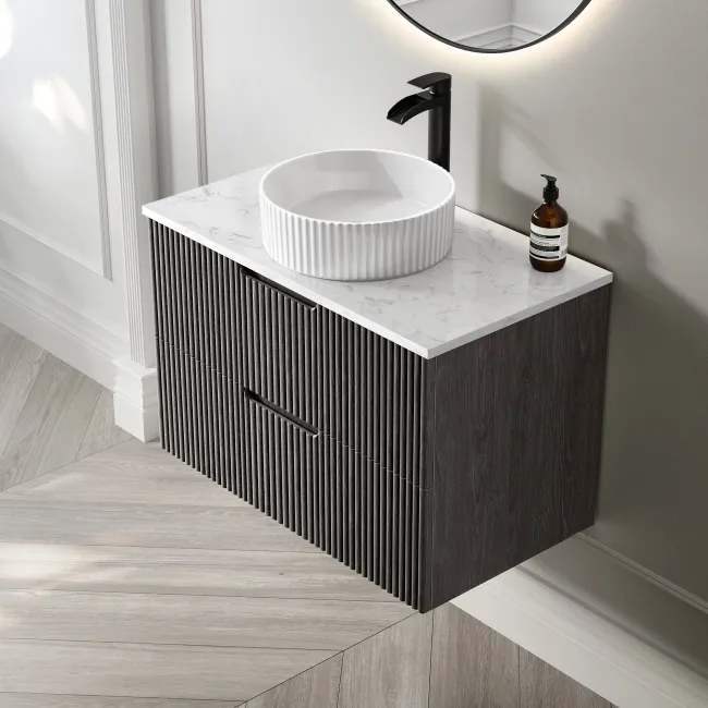 Crete Fluted Charcoal Elm Wall Hung Drawer Vanity with Marble Top & Nevis Basin 800mm
