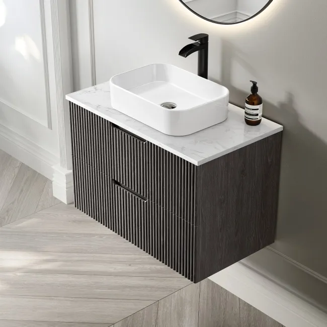 Crete Fluted Charcoal Elm Wall Hung Drawer Vanity with Marble Top & Marin Basin 800mm