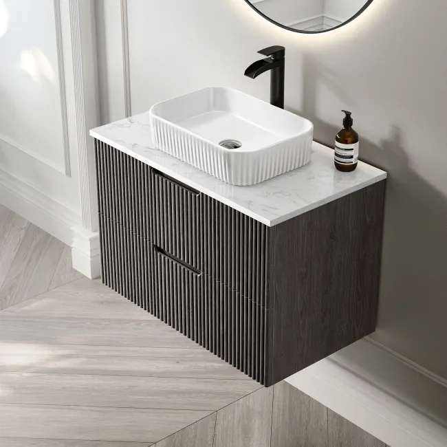 Crete Fluted Charcoal Elm Wall Hung Drawer Vanity with Marble Top & Reno Basin 800mm
