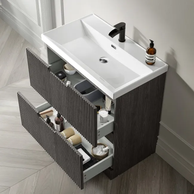 Crete Fluted Charcoal Elm Basin Vanity Drawer 800mm
