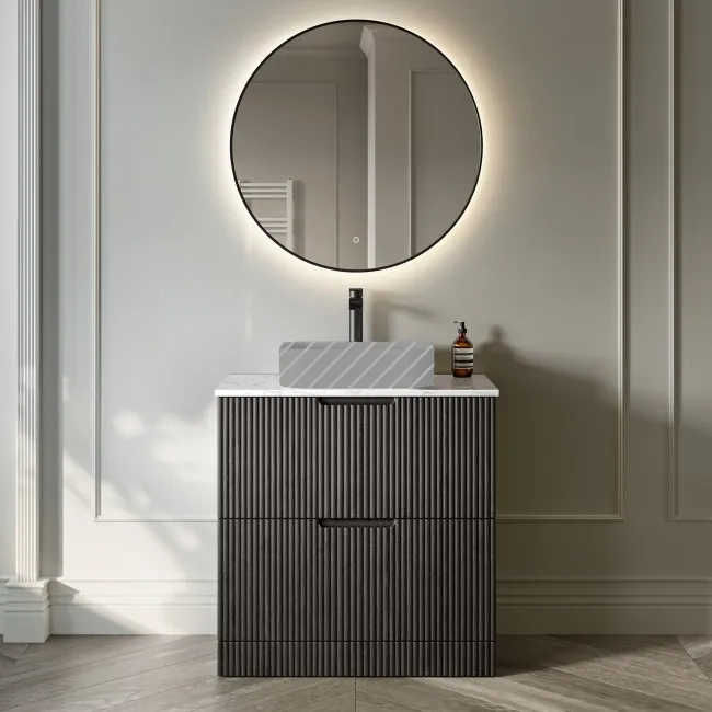 Crete Fluted Charcoal Elm Vanity Drawer with Marble Top 800mm - Excludes Counter Top Basin