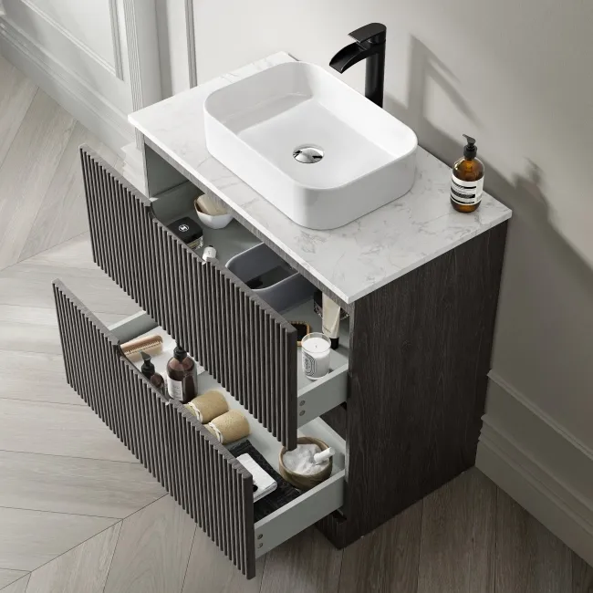 Crete Fluted Charcoal Elm Vanity Drawer with Marble Top & Marin Basin 800mm