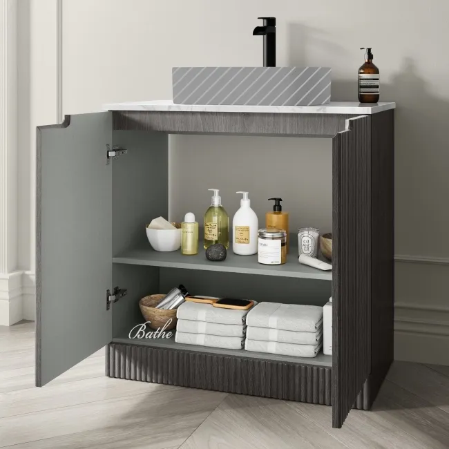 Crete Fluted Charcoal Elm Vanity with Marble Top 800mm - Excludes Counter Top Basin
