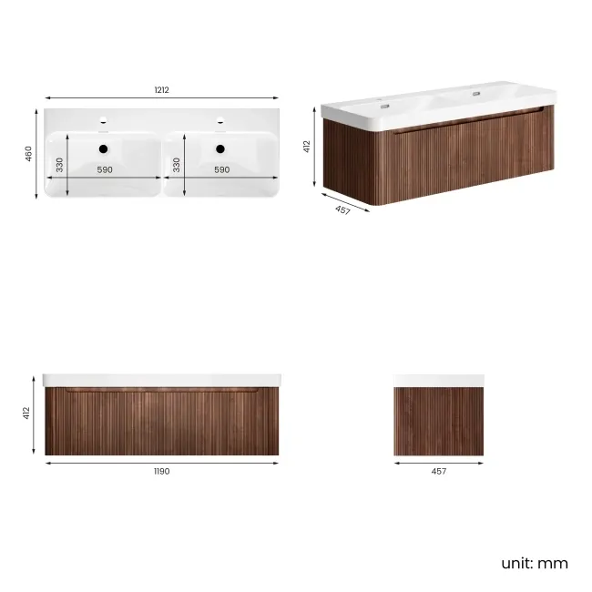 Sorrento Fluted Black Walnut Wall Hung Double Basin Drawer Vanity 1200mm