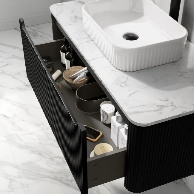 Sorrento Fluted Matt Black Wall Hung Drawer Vanity with Marble Top & Reno Basin 1000mm