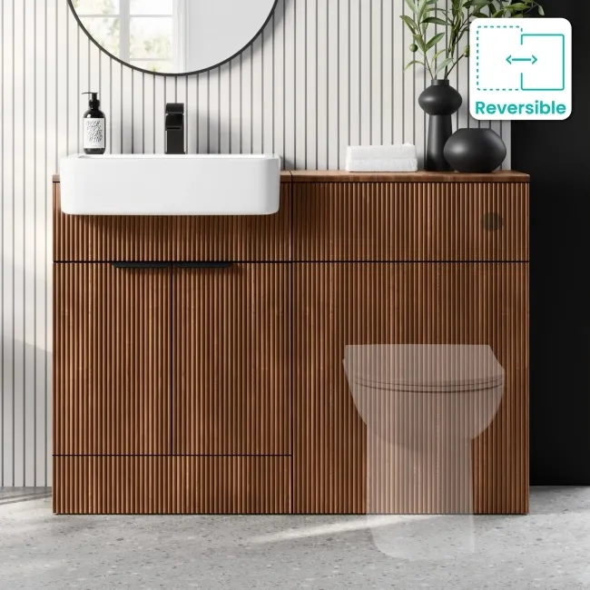 Sicily Fluted Black Walnut Basin Vanity and Toilet Unit 1200mm (No Toilet) - Black Accents