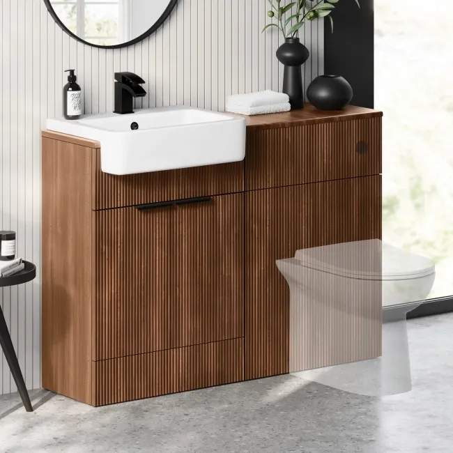 Sicily Fluted Black Walnut Basin Vanity and Toilet Unit 1200mm (No Toilet) - Black Accents