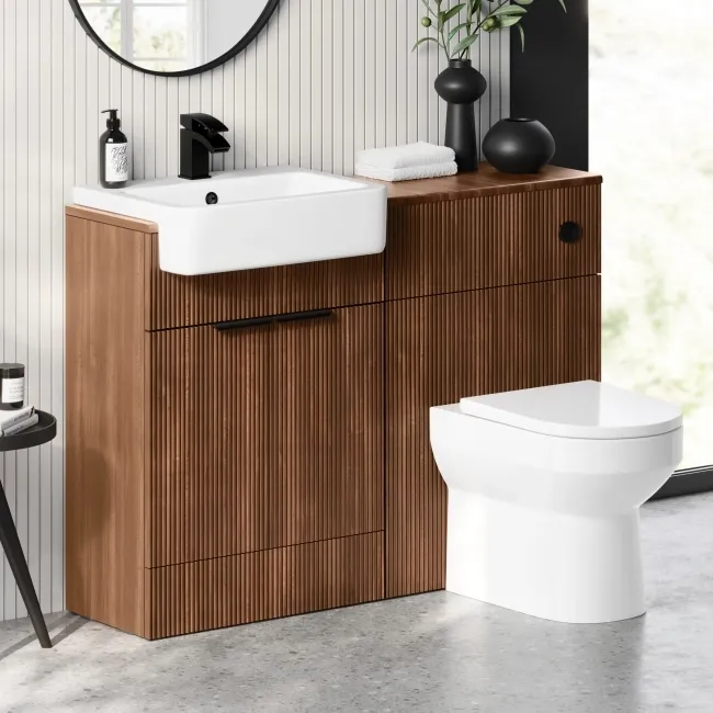 Sicily Fluted Black Walnut Combination Vanity Basin and Miami Toilet 1200mm - Black Accents