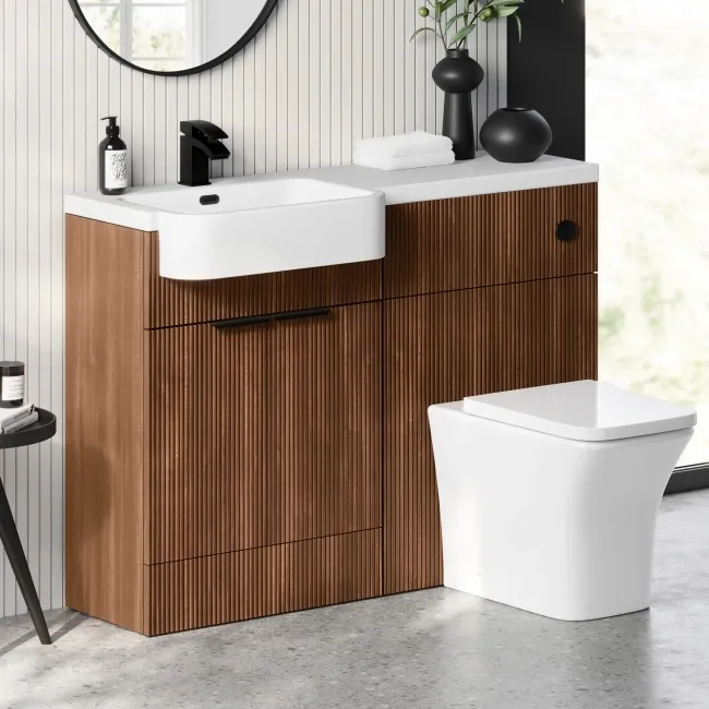 Sicily Fluted Black Walnut Vanity Basin and Houston Toilet 1200mm - Black Accents - Left Handed