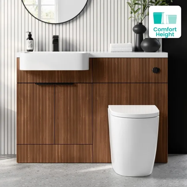 Sicily Fluted Black Walnut Vanity Basin and Utah Comfort Height Toilet 1200mm Black Accents - Left