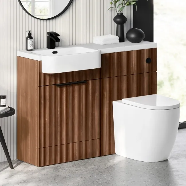 Sicily Fluted Black Walnut Vanity Basin and Utah Comfort Height Toilet 1200mm Black Accents - Left