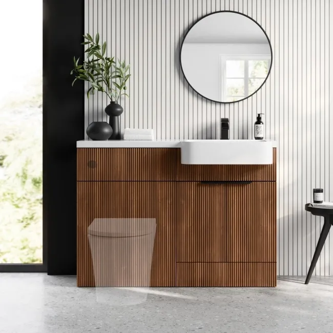 Sicily Fluted Black Walnut Basin Vanity and Toilet Unit 1200mm (No Toilet) - Black Accents - Right