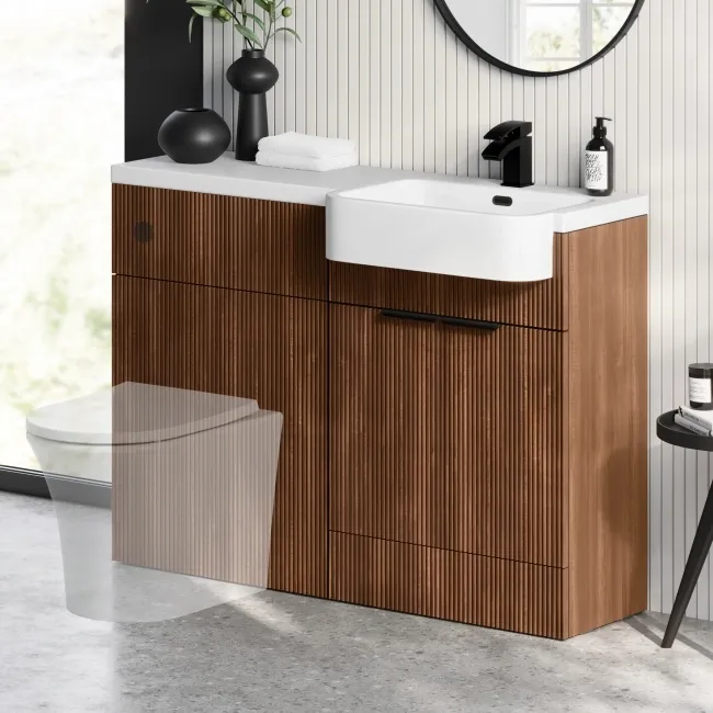 Sicily Fluted Black Walnut Basin Vanity and Toilet Unit 1200mm (No Toilet) - Black Accents - Right
