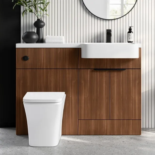 Sicily Fluted Black Walnut Vanity Basin and Houston Toilet 1200mm - Black Accents - Right Handed