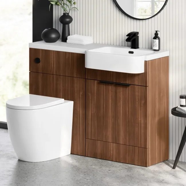 Sicily Fluted Black Walnut Vanity Basin and Utah Comfort Height Toilet 1200mm Black Accents - Right