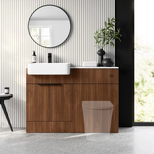 Sicily Fluted Black Walnut Basin Vanity Marble Top & Toilet Unit 1200mm (No Toilet) Black Accents