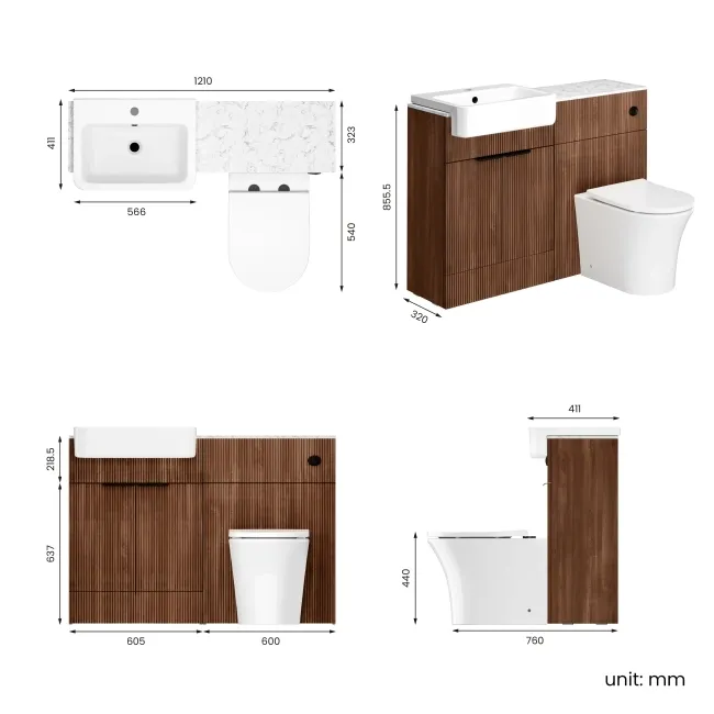 Sicily Fluted Black Walnut Vanity Basin with Marble Top & Tucson Toilet 1200mm - Black Accents