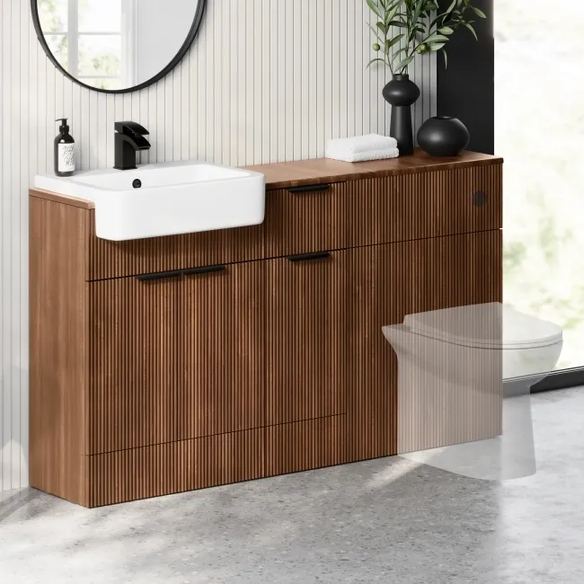 Sicily Fluted Black Walnut Combination Vanity Basin 1500mm (Excludes Toilet) - Black Accents