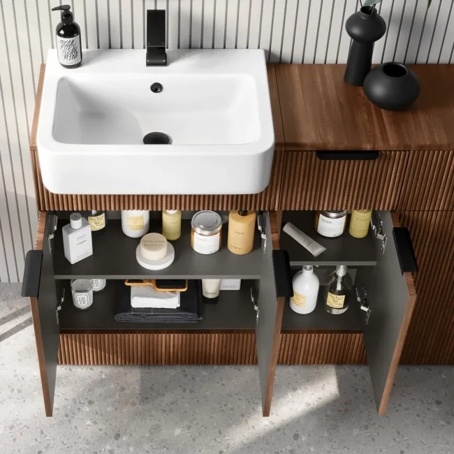 Sicily Fluted Black Walnut Combination Vanity Basin and Aruba Toilet 1500mm - Black Accents