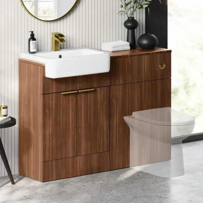 Sicily Fluted Black Walnut Basin Vanity and Toilet Unit 1200mm (No Toilet) - Brass Accents