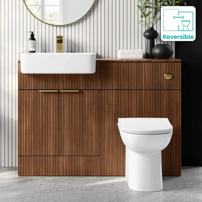 Sicily Fluted Black Walnut Combination Vanity Basin and Aruba Toilet 1200mm - Brushed Brass Accents