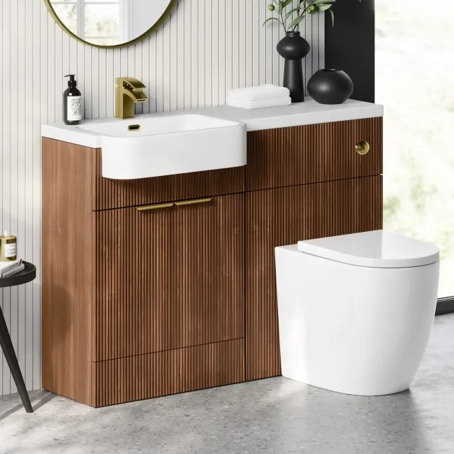 Sicily Fluted Black Walnut Vanity Basin and Utah Comfort Height Toilet 1200mm Brass Accents - Left