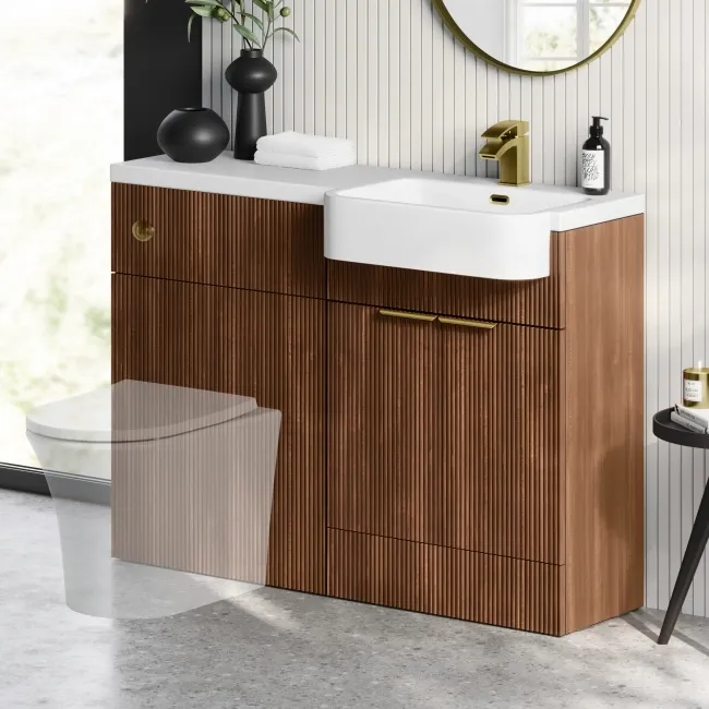 Sicily Fluted Black Walnut Basin Vanity and Toilet Unit 1200mm (No Toilet) - Brass Accents - Right
