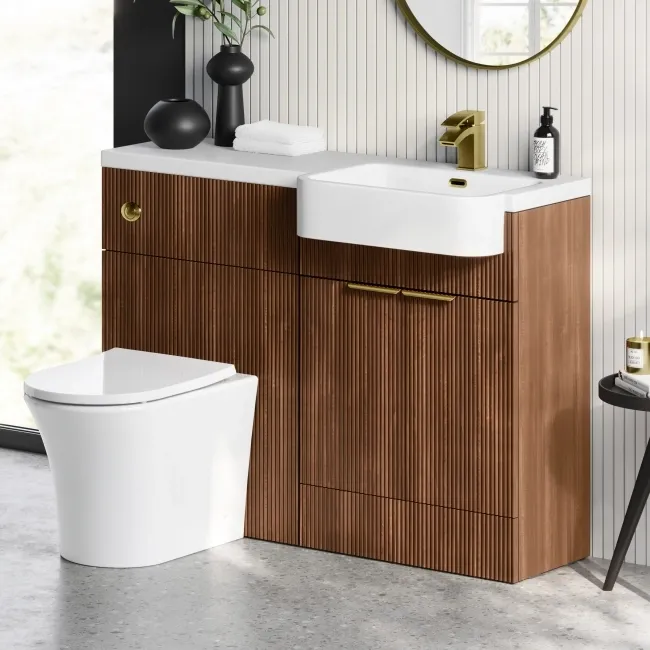 Sicily Fluted Black Walnut Vanity Basin and Tucson Toilet 1200mm - Brass Accents - Right Handed