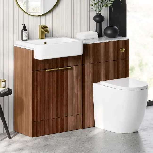Sicily Fluted Black Walnut Vanity Basin Marble Top & Utah Comfort Toilet 1200mm - Brass Accents