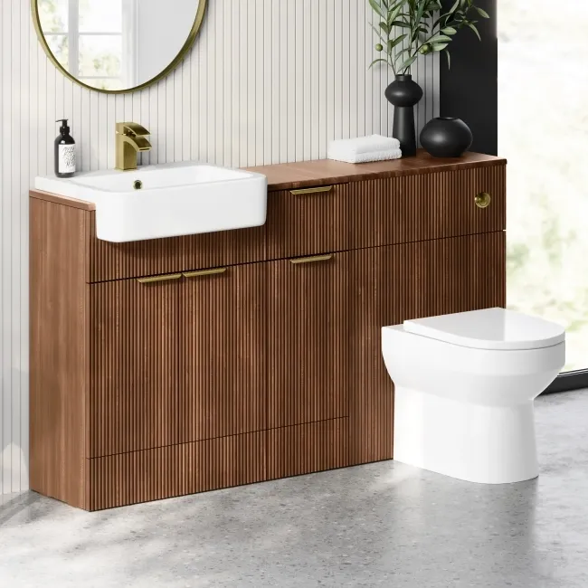 Sicily Fluted Black Walnut Combination Vanity Basin and Miami Toilet 1500mm - Brushed Brass Accents