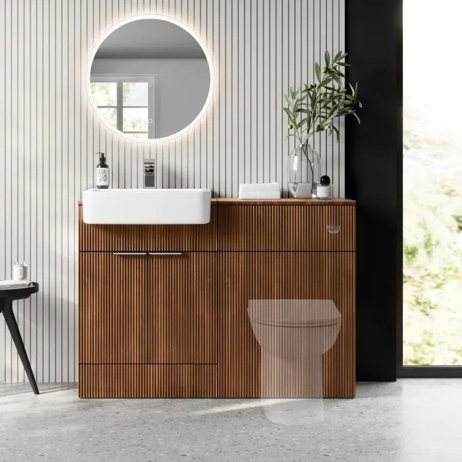 Sicily Fluted Black Walnut Basin Vanity and Toilet Unit 1200mm (No Toilet) - Chrome Handles
