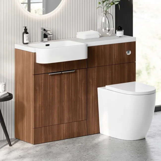 Sicily Fluted Black Walnut Vanity Basin and Utah Comfort Height Toilet 1200mm Chrome Handles - Left
