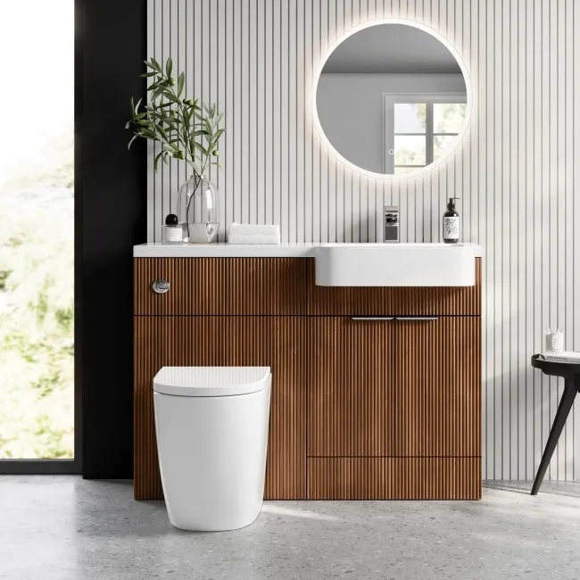 Sicily Fluted Black Walnut Vanity Basin and Utah Comfort Toilet 1200mm - Chrome Handles - Right
