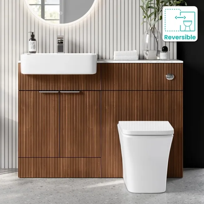 Sicily Fluted Black Walnut Vanity Basin with Marble Top & Houston Toilet 1200mm - Chrome Handles