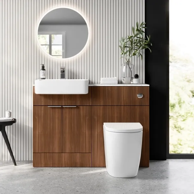 Sicily Fluted Black Walnut Vanity Basin Marble Top & Utah Comfort Height Toilet 1200mm