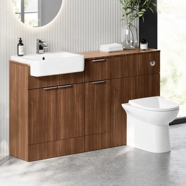 Sicily Fluted Black Walnut Combination Vanity Basin and Aruba Toilet 1500mm - Chrome Handles