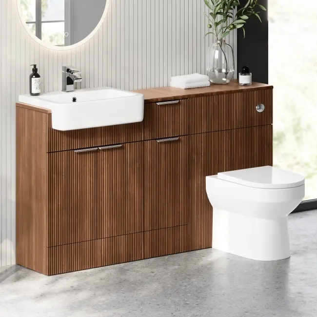 Sicily Fluted Black Walnut Combination Vanity Basin and Miami Toilet 1500mm - Chrome Handles