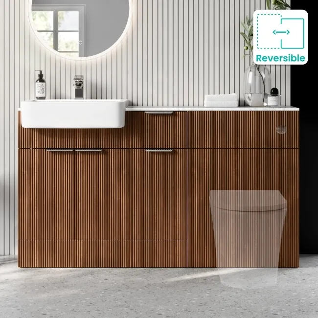 Sicily Fluted Black Walnut Vanity Basin with Marble Top 1500mm (Excludes Toilet) - Chrome Handles