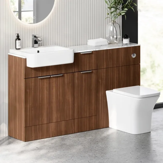 Sicily Fluted Black Walnut Vanity Basin with Marble Top & Houston Toilet 1500mm - Chrome Handles