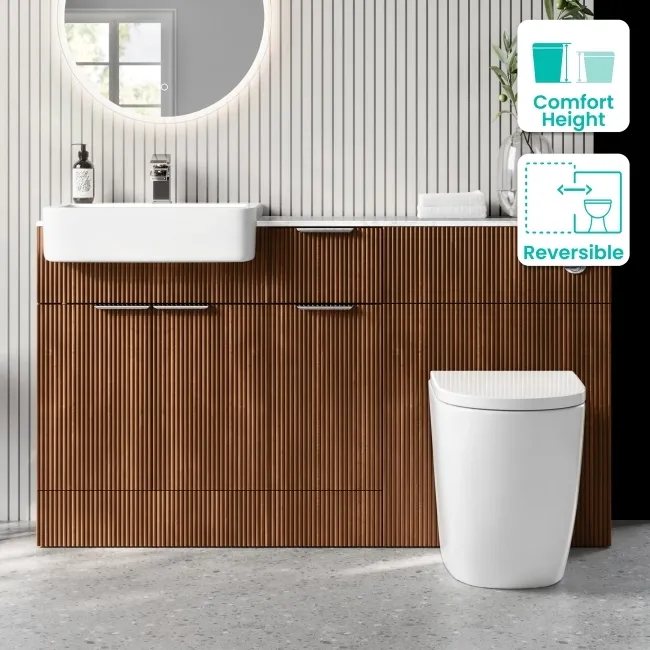 Sicily Fluted Black Walnut Vanity Basin Marble Top & Utah Comfort Height Toilet 1500mm